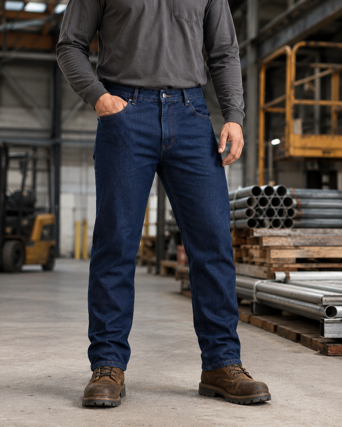 Pantalón de mezclilla prelavada azul, resistente y cómodo para trabajo diario. Con bolsillos reforzados, cierre metálico y costuras firmes. Disponible en tallas 42 al 58.